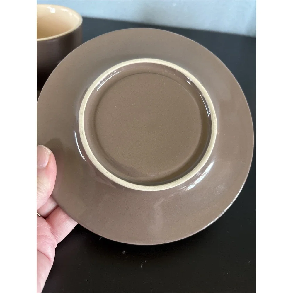Le Creuset Tea Cup & Saucer Brown Gray Set of 2 Stoneware
